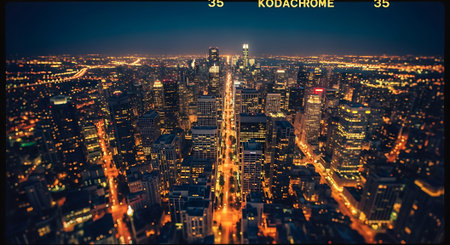 Aerial view of a bustling city at night with bright lights and skyscrapersの素材