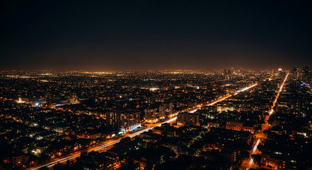 Aerial view of a city at night with illuminated streets and buildingsの素材