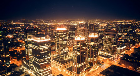 Aerial view of a modern cityscape at night with illuminated skyscrapers and buildingsの素材