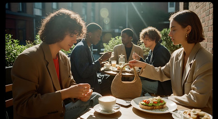Two women enjoying a meal and conversation at an outdoor cafe with friends in the backgroundの素材