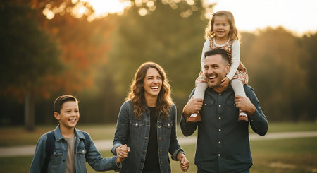 A happy family of four enjoying a walk together in a park at sunsetの素材