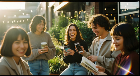 A group of young friends enjoying coffee and conversation on a sunny outdoor patioの素材