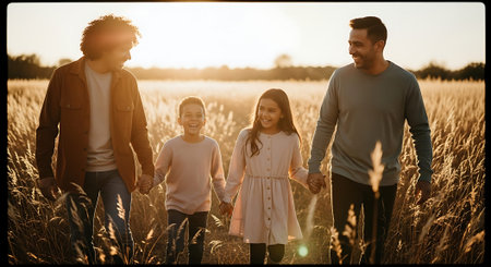 A happy family of four holding hands and walking through a beautiful wheat field at sunsetの素材