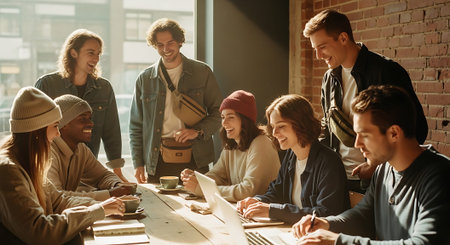 A diverse group of young adults collaborating and brainstorming ideas in a modern office space with a brick wall and large window.の素材
