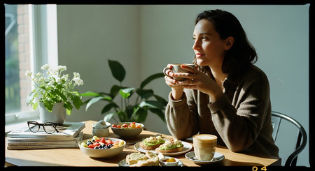 A woman enjoying a cup of coffee and a healthy breakfast in a bright and cozy roomの素材