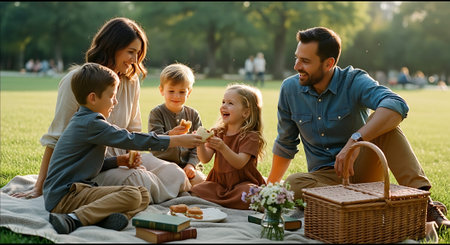 A happy family enjoying a picnic together in a park on a sunny dayの素材