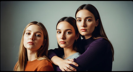 Three young women standing together in a studio setting with a plain backgroundの素材