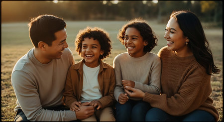 A happy family of four sitting together in a field during sunsetの素材