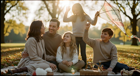 A happy family enjoying a picnic in a park on a sunny day with a child flying a kiteの素材