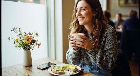 A smiling woman enjoying a cup of coffee and breakfast in a cozy cafeの素材