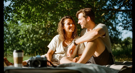 A young couple enjoying a romantic picnic in a serene outdoor settingの素材
