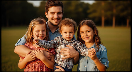 A happy family of four posing together in a green fieldの素材