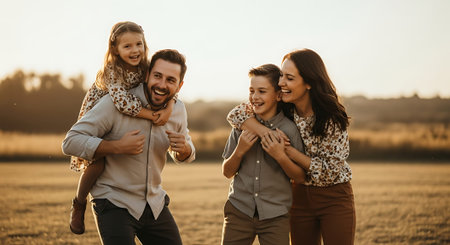 A happy family of four enjoying quality time together in a beautiful outdoor settingの素材