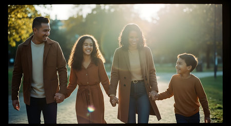 A happy family of four walking hand in hand on a sunny day in the parkの素材