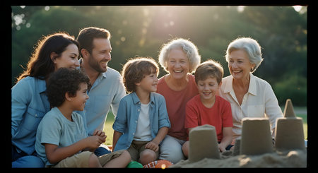 A multi-generational family enjoys a sunny day at the beach togetherの素材
