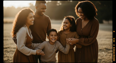 A happy multi-generational family enjoying quality time together outdoors during sunsetの素材