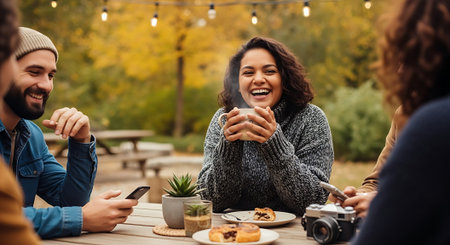 A group of friends enjoying a meal together outdoors in a parkの素材