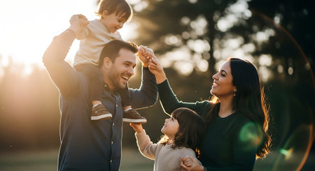 A happy family of four enjoying quality time together outdoors at sunsetの素材