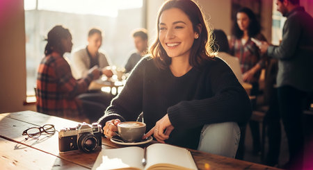 A young woman enjoying a cup of coffee while sitting at a table with a camera and book in a busy cafeの素材