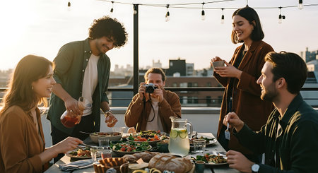 A group of friends enjoying a meal together on a rooftop during sunsetの素材