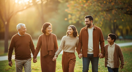 A multi-generational family walking hand in hand through a park on a sunny dayの素材