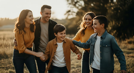 A happy family of five walking together in a field during sunsetの素材