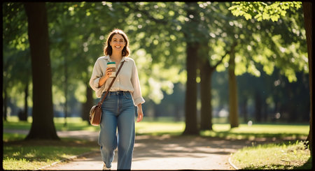A young woman walking on a park path with a cup of coffee in handの素材