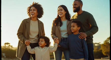 A happy multi-generational family enjoying a sunny day outdoors together.の素材