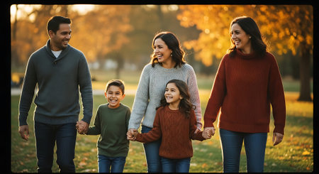 A happy family of five holding hands and walking together in a park during autumnの素材