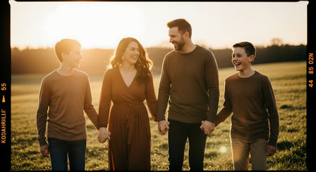 A happy family of four holding hands and walking together in a field at sunsetの素材