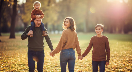 A happy family of four walking hand in hand through a beautiful autumn parkの素材