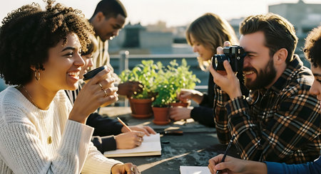 A group of friends enjoying a casual gathering on a rooftop with cameras and notebooksの素材