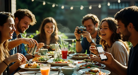 A group of friends enjoying a meal together at a restaurant with string lights in the backgroundの素材