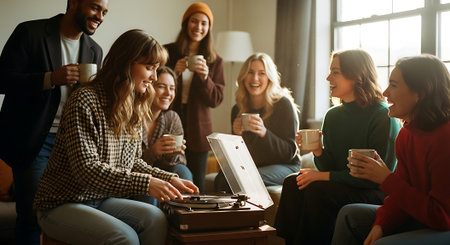A group of friends enjoying music and coffee together in a cozy living roomの素材