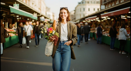 A smiling woman walking through a bustling outdoor market with flowers and a shopping bagの素材