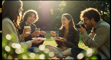 Four friends enjoying a picnic in a park on a sunny dayの素材