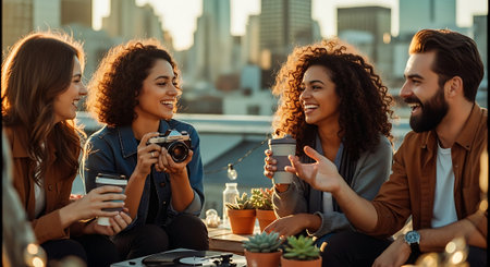 Four friends enjoying coffee and conversation on a rooftop with a city viewの素材