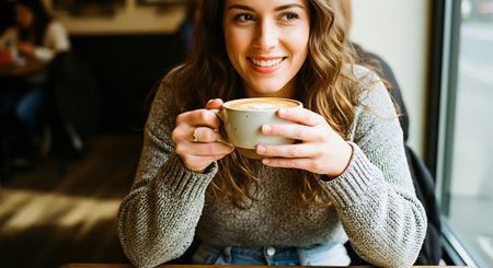 A smiling woman enjoying a cup of coffee in a cozy cafe settingの素材