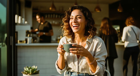 A smiling woman enjoying a cup of coffee in a modern cafeの素材