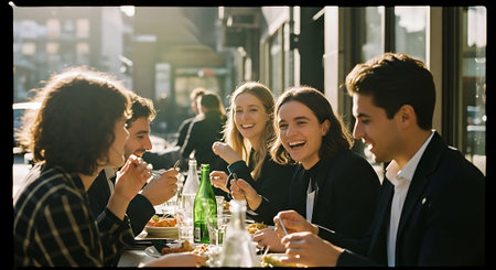 A group of young adults enjoying a meal together at an outdoor restaurant tableの素材
