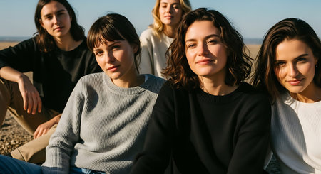 A group of young women sitting together on a beach with a clear blue sky in the background.の素材