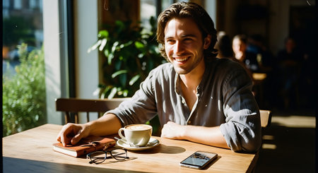 A smiling man sitting at a wooden table in a cafe with a cup of coffee and a notebookの素材