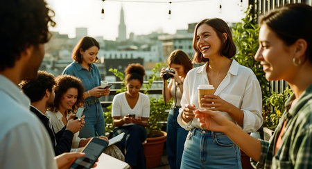 A group of young adults socializing and enjoying drinks on a rooftop patio with a city skyline in the background.の素材