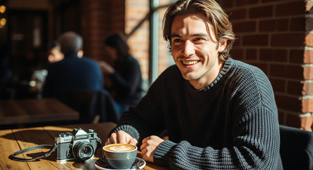 A young man sitting at a table in a coffee shop with a camera and a cup of coffeeの素材