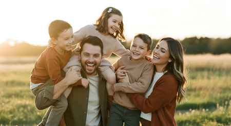A happy family of five enjoying a playful moment together in a beautiful green field at sunsetの素材