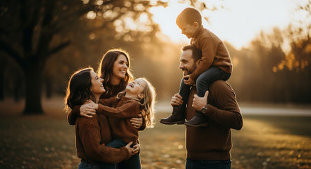 A happy family of four enjoying a beautiful autumn day in a parkの素材