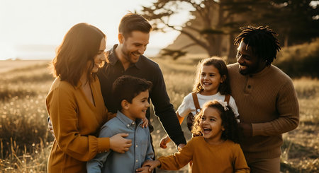 A diverse family of six smiling and embracing in a serene field at sunsetの素材