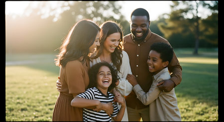 A happy multiracial family of five embracing each other in a sunny green fieldの素材