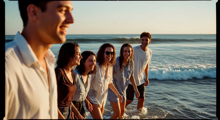 A group of friends enjoying a day at the beach togetherの素材