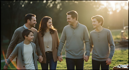 A happy family of five walking hand in hand through a park at sunsetの素材